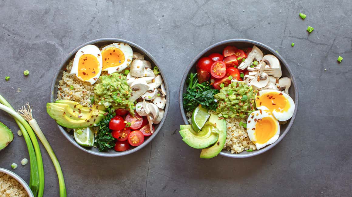 Buddha bowl with soft-boiled eggs and white bean guacamole