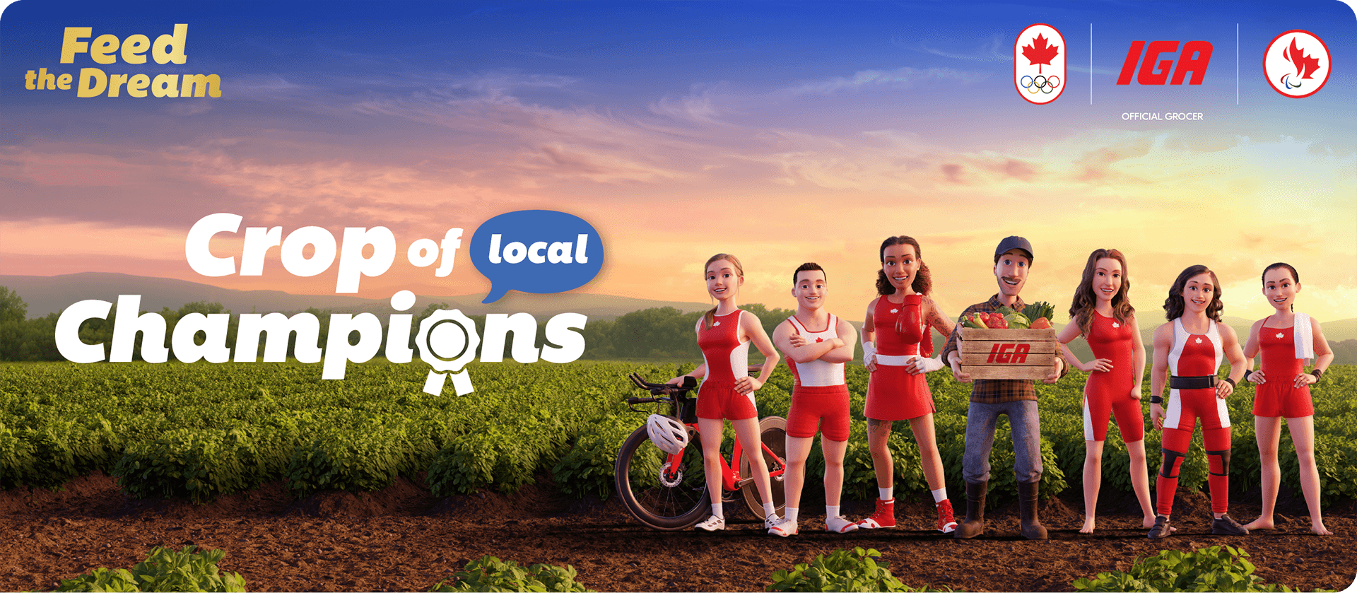 CGI image of six athletes, five women and one man, dressed in Canadian colours, standing in a farmer’s field at sunset. In the center, a farmer holds a wooden crate stamped with the IGA logo, filled with fresh vegetables. The slogan “A crop of champions” is overlaid. The logos of the Canadian Olympic and Paralympic Committees are displayed, affirming IGA as the official grocer of Quebec Olympic and Paralympic athletes.