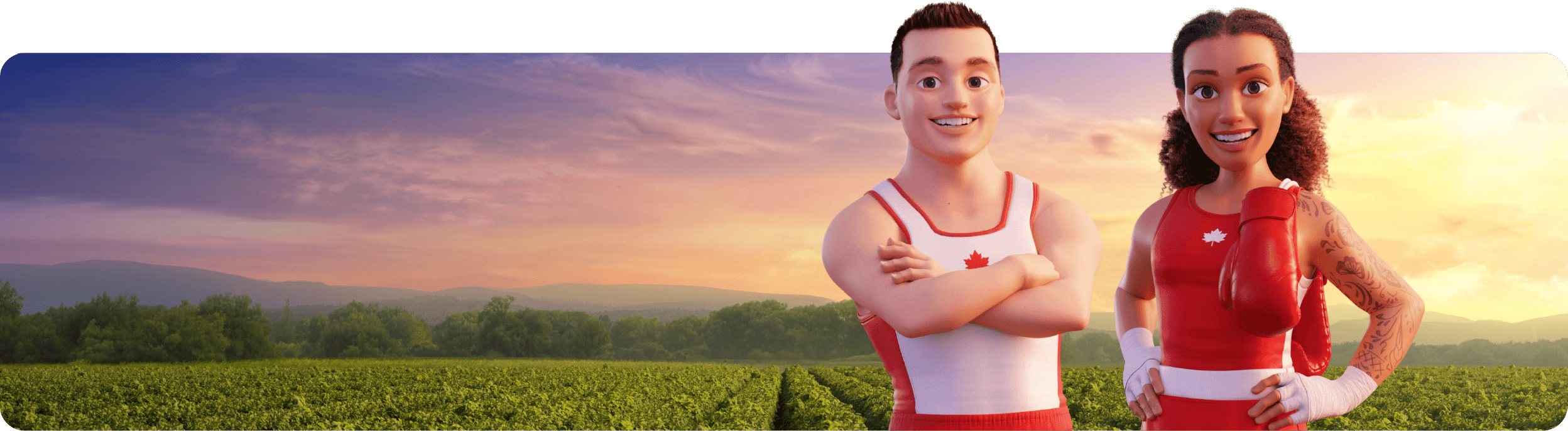 CGI image of two Olympic athletes in Canadian colours, a woman and a man, standing in a farmer’s field at sunset.