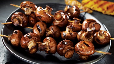 Portobello mushroom brochettes with maple, miso, and pineapple glaze from François Chartier