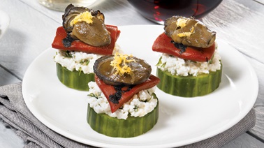 Ricotta and dill bites with grilled peppers and smoked oysters