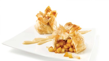 Spicy apple bundles with honey-rosewater sauce