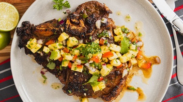T-Bone Steaks with Red Pepper Salsa and Jean-Rony Pineapple