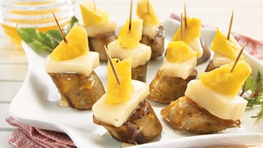 Pineapple and Chèvre Noir goat cheese sausage skewers 