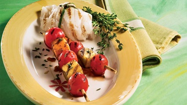 Grilled tomato and melon skewers