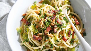 Bucatini with Leek, Bacon and Pine Nuts