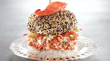 Shrimp and lobster sushi burger with tarragon, apple, and pear