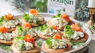 boursin® Garlic and Fine Herbs Pancakes Bites with Cucumbers and Dill Smoked Salmon