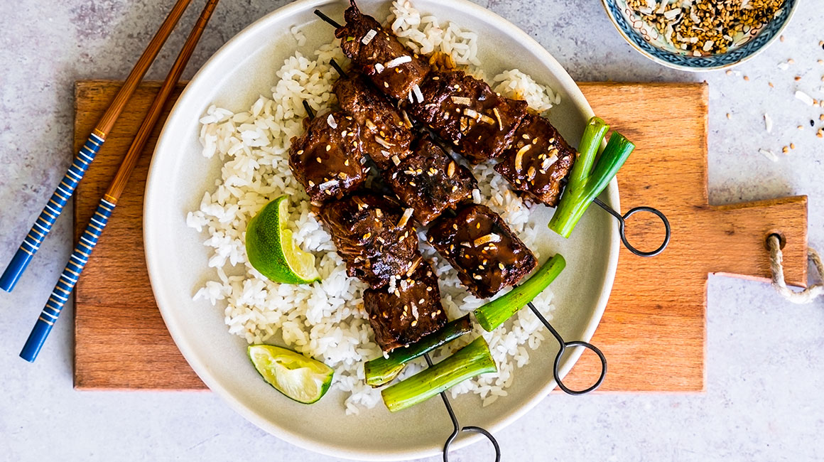 Miso and coconut beef skewers