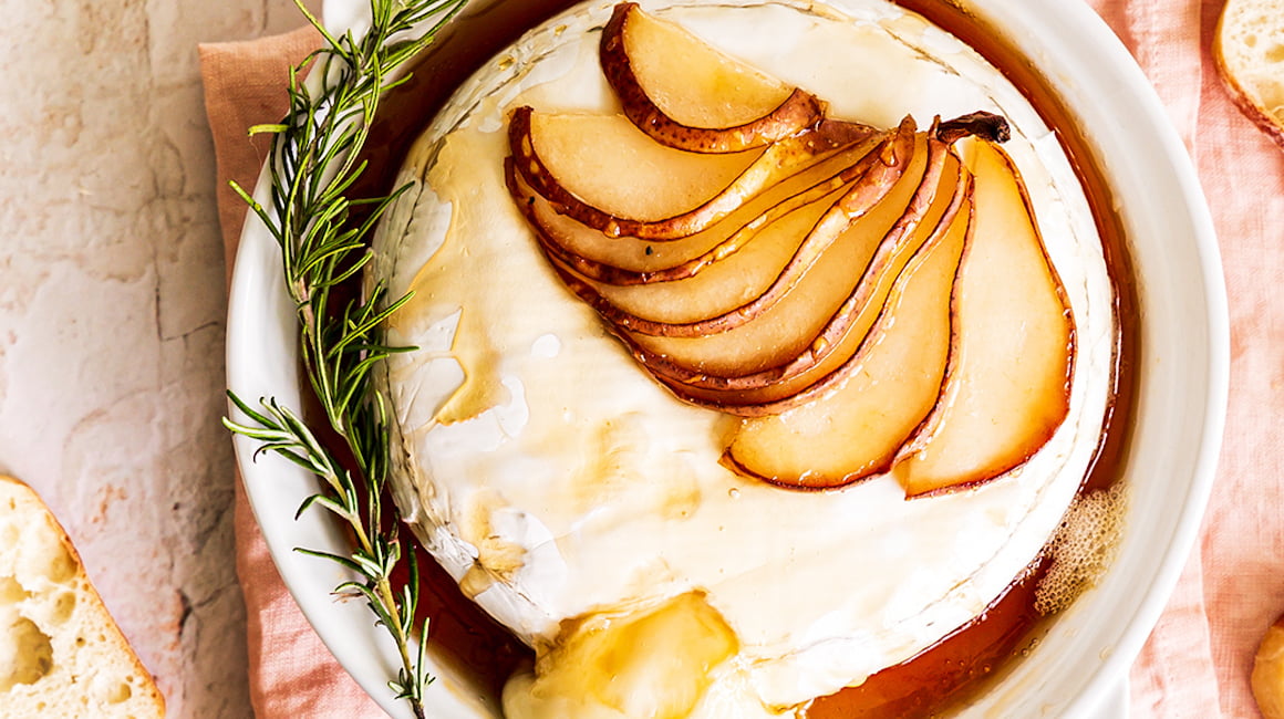 Honey, pear and rosemary baked brie