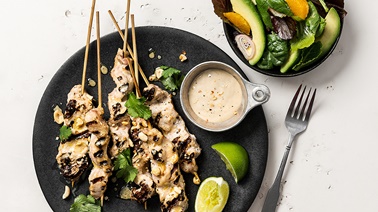 Honey and Tahini Satay Pork Skewers and Avocado Salad with Clementine Dressing