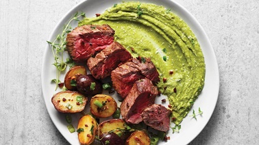 Flank Steak with Broccoli Purée & Thyme Hash Browns