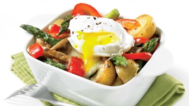 Vegetable cassolette with poached eggs