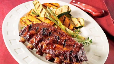 Maple barbecue-sauce pork ribs with grilled dijon vegetables