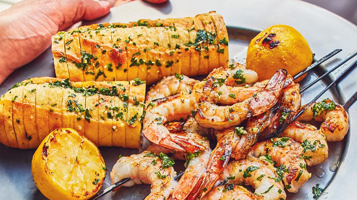 Grilled Garlic Butter Shrimp with Garlic Bread