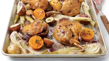 Duck confit with vegetables, clementines, and white wine