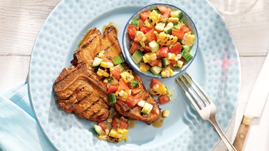 Veal chops and grilled corn salsa from Stefano Faita