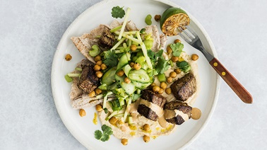 Indian-Style Beef Cubes with Apple & Turmeric Hummus