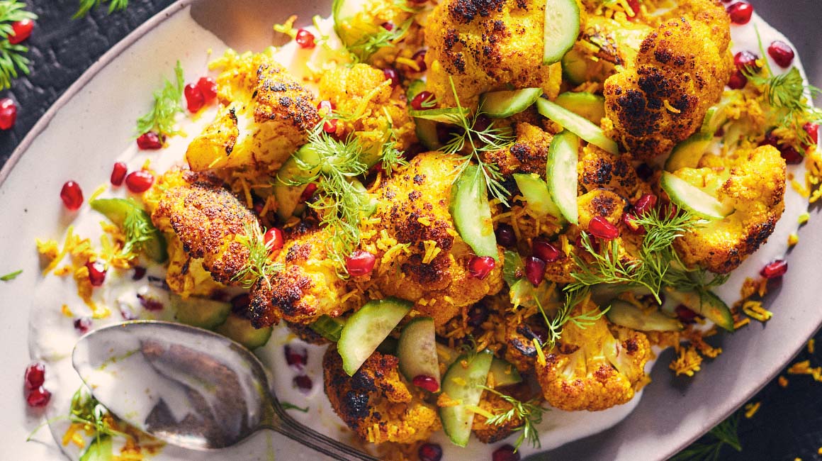 Curried Cauliflower on the Grill with Coconut-Pomegranate Topping by Ricardo
