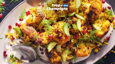 Curried Cauliflower on the Grill with Coconut-Pomegranate Topping by Ricardo