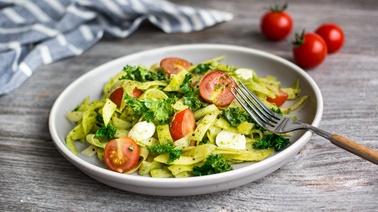 Vegetable Fettuccine with Pesto, Kale & Cherry Tomatoes