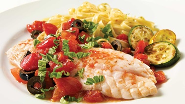Sole fillets with tomatoes and olives