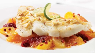 Halibut Fillets with White Wine Saffron Sauce over Mixed Citrus Salad