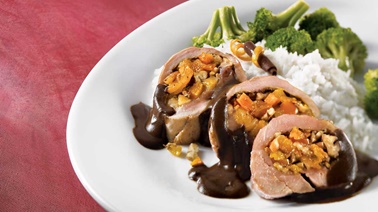 Apricot-and-pecan stuffed pork tenderloin with spicy chocolate