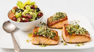 Grilled Salmon Fillet with Coconut-Pistachio Salsa and Fresh Grape Salad