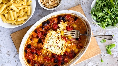 Pasta with Colourful Tomatoes, Feta & Croutons