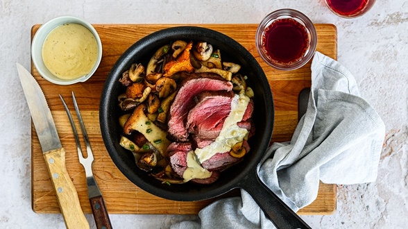 Filet Mignon, Pan-fried Mushrooms and Creamy Mustard Sauce