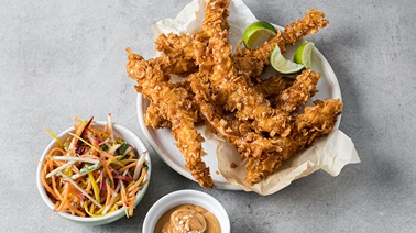 Crispy Peanut and Corn-Flake-Coated Chicken Strips, Carrot Salad with Buttermilk