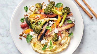 Roasted Vegetables with Sunflower Seeds, Quick Hummus and Feta