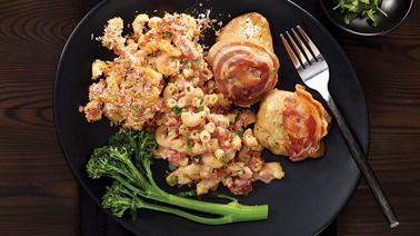 Macaroni & pancetta-wrapped chicken thighs from Josée di Stasio