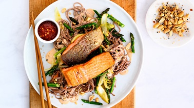 Trout & Asparagus Soba Noodles with Spicy Peanut Sauce (not too spicy) by Geneviève O'Gleman