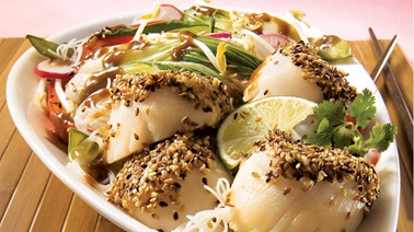 Sesame scallops with Asian peanut and vegetable stir-fry