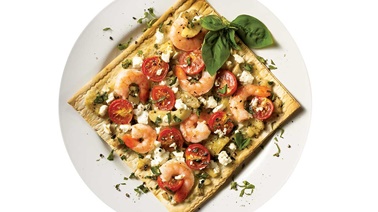 Shrimp, artichoke and goat cheese pizza