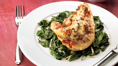 Gratinéed bruschetta chicken breasts with spinach