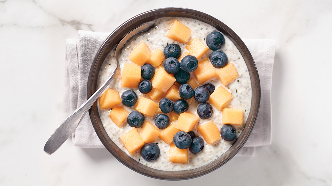 Coconut Chia and Hemp Pudding with Cantaloupe and Quebec Blueberries