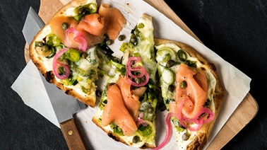 Four-Cheese, Smoked Salmon, and Leek Naan Pizza
