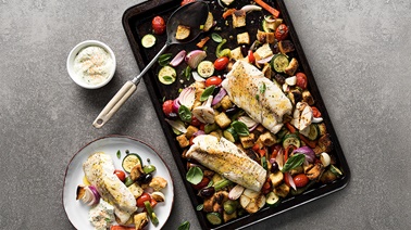 Paprika Cod Panzanella with Tomatoes Olives and Peppers