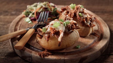 Baked potatoes with barbecued pulled pork from Christian Bégin
