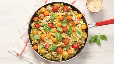 Creamy one-pot pasta with pesto and cherry tomatoes from Alexandra Diaz and Geneviève O'Gleman