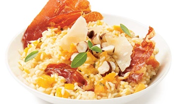 Squash risotto with prosciutto chips