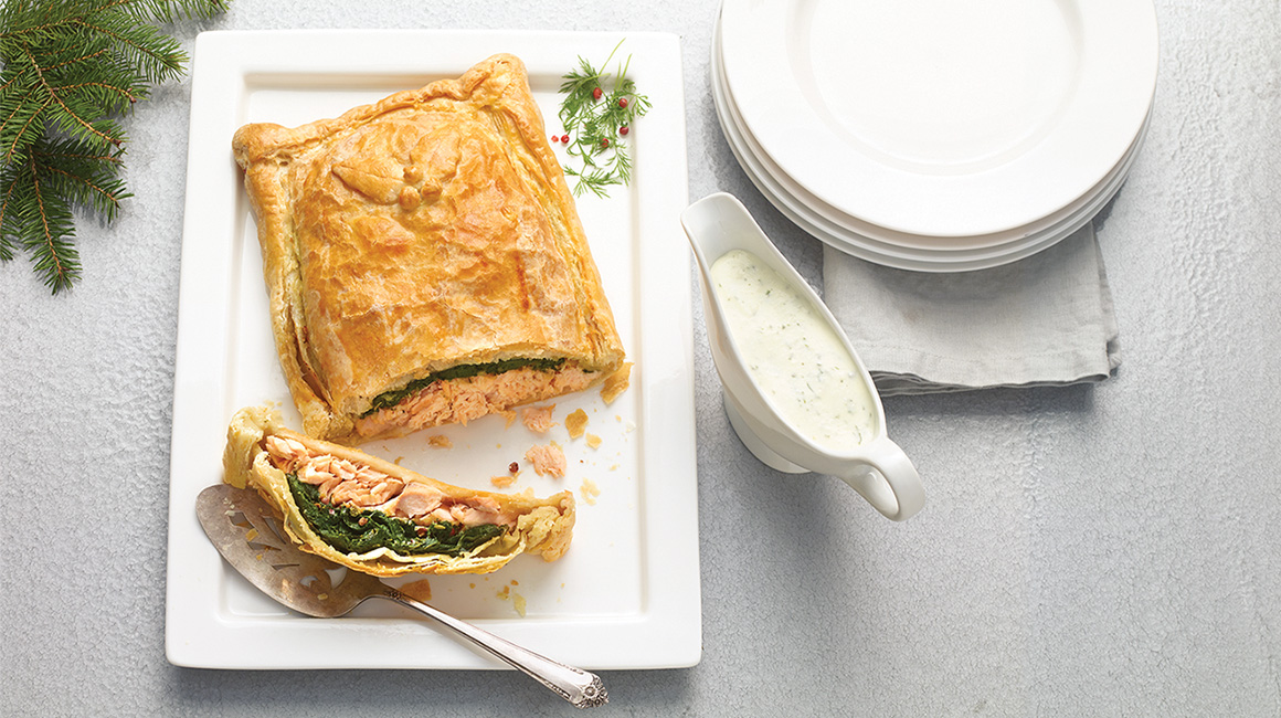 Salmon Wellington with express cheese sauce