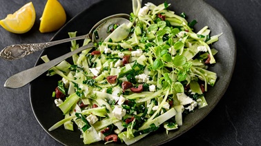 Broccoli leaf & stalk salad with feta - Recipe from La Tablée des Chefs