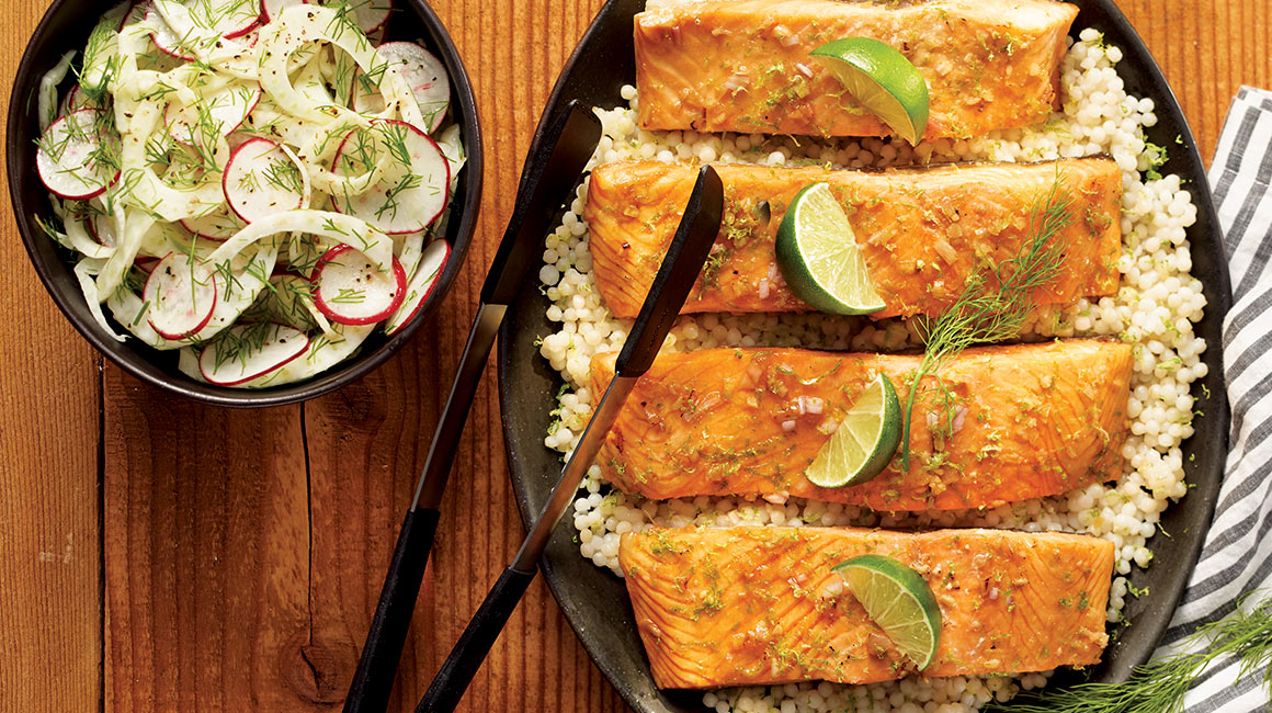 Maple teriyaki salmon with lime and fennel 