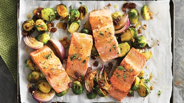 Maple-grilled salmon and Brussel sprouts