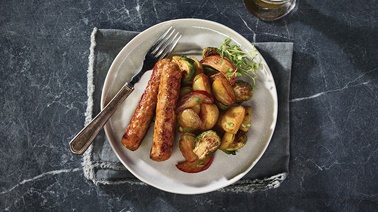 One-pan cheddar & apple sausages