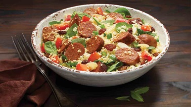 Couscous salad with vegan sausages